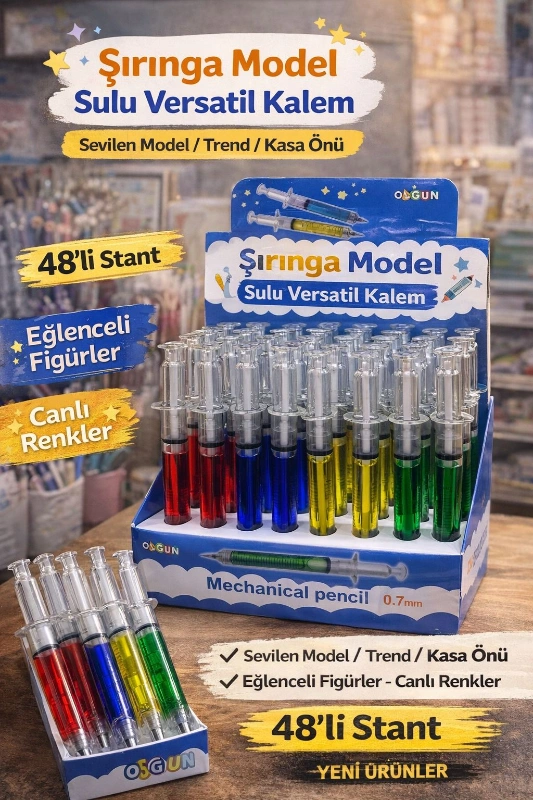 NEON RENKLER ŞIRINGA MODEL UÇLU KALEM / 48Lİ STANT